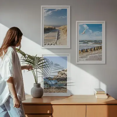Three-piece wall art set featuring a wooden beach path and cliffs