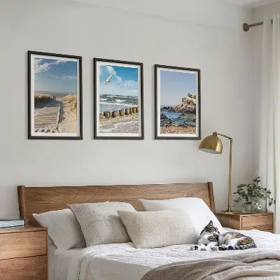 Three-piece wall art set featuring a wooden beach path and cliffs