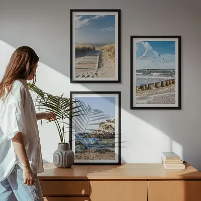 Three-piece wall art set featuring a wooden beach path and cliffs