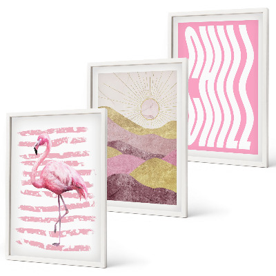 Three-piece wall art piece Pink flamingo pastel landscape