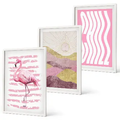 Pink flamingo pastel landscape wall art three-piece set