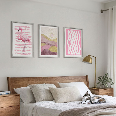 Three-piece wall art piece Pink flamingo pastel landscape