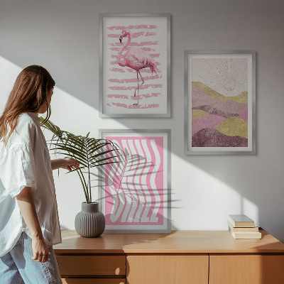 Three-piece wall art piece Pink flamingo pastel landscape
