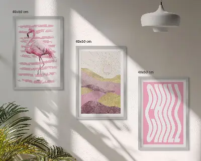 Pink flamingo pastel landscape wall art three-piece set