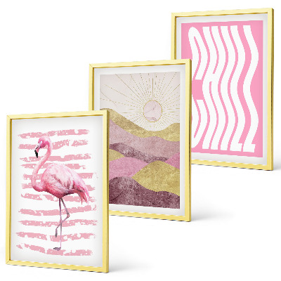 Three-piece wall art piece Pink flamingo pastel landscape