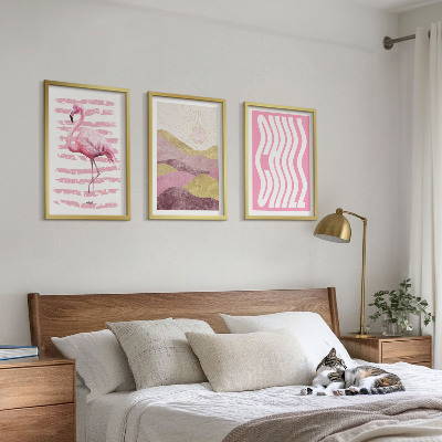 Three-piece wall art piece Pink flamingo pastel landscape