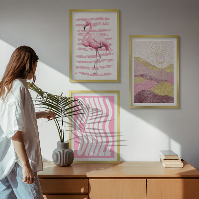 Three-piece wall art piece Pink flamingo pastel landscape