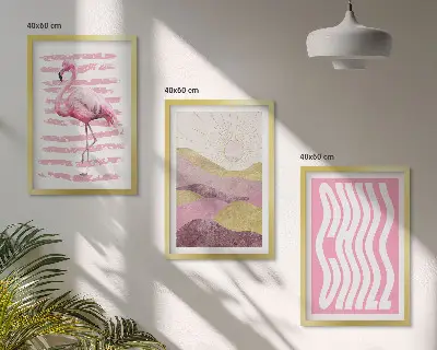 Pink flamingo pastel landscape wall art three-piece set