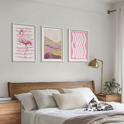 Three-piece wall art piece Pink flamingo pastel landscape
