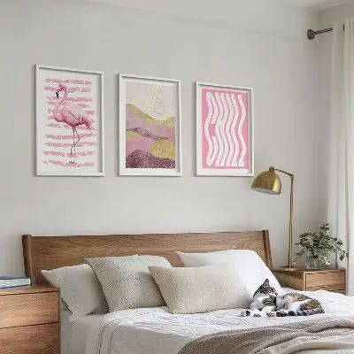 Pink flamingo pastel landscape wall art three-piece set