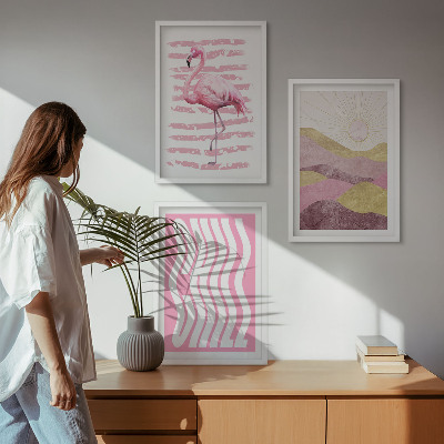 Three-piece wall art piece Pink flamingo pastel landscape