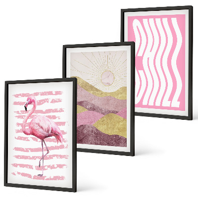 Three-piece wall art piece Pink flamingo pastel landscape