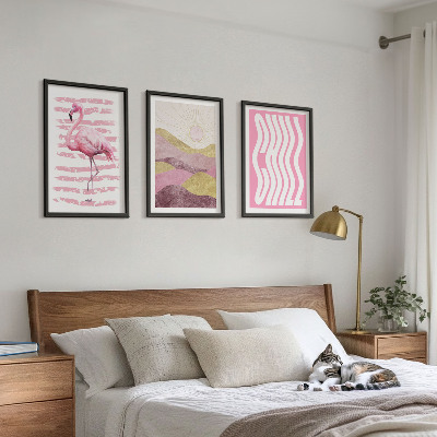 Three-piece wall art piece Pink flamingo pastel landscape