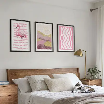 Pink flamingo pastel landscape wall art three-piece set
