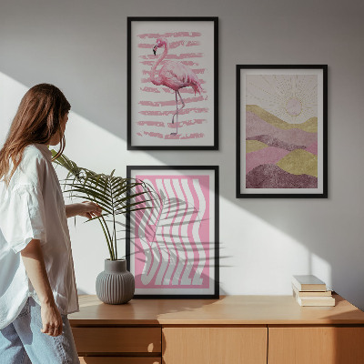 Three-piece wall art piece Pink flamingo pastel landscape