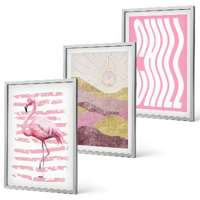 Three-piece wall art piece Pink flamingo pastel landscape