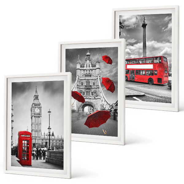 Set of 3 framed wall art pieces Red umbrella booth and London bus