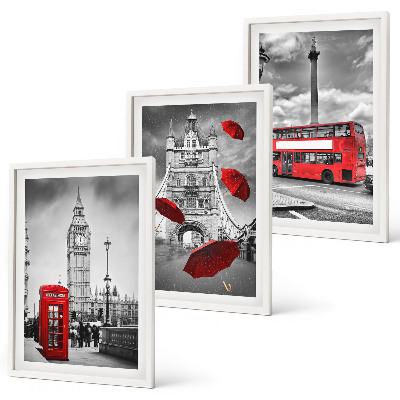 Set of 3 framed wall art pieces Red umbrella booth and London bus