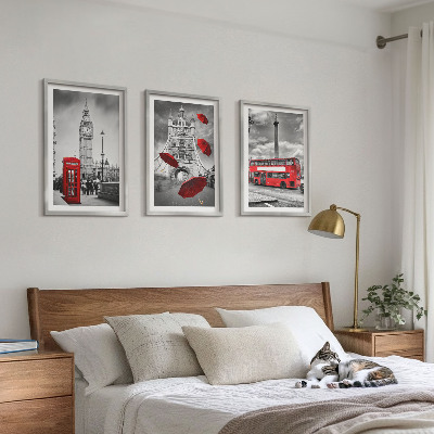 Set of 3 framed wall art pieces Red umbrella booth and London bus
