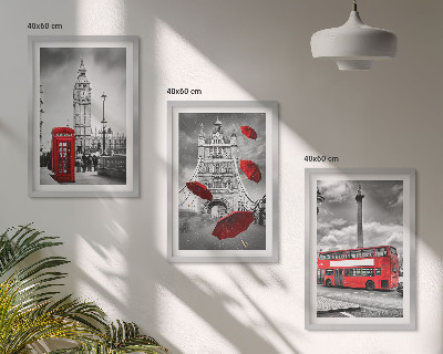 Set of 3 framed wall art pieces Red umbrella booth and London bus