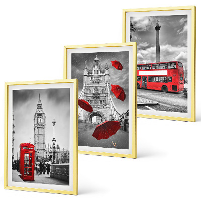 Set of 3 framed wall art pieces Red umbrella booth and London bus
