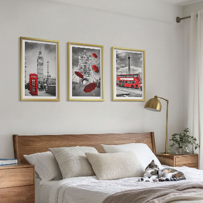 Set of 3 framed wall art pieces Red umbrella booth and London bus