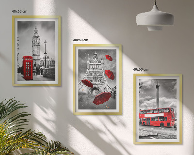 Set of 3 framed wall art pieces Red umbrella booth and London bus