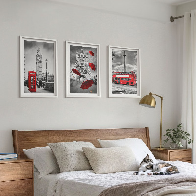Set of 3 framed wall art pieces Red umbrella booth and London bus