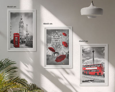 Set of 3 framed wall art pieces Red umbrella booth and London bus