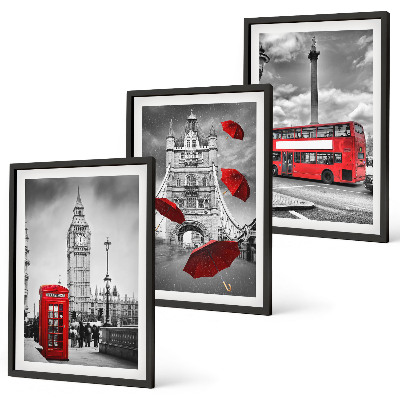 Set of 3 framed wall art pieces Red umbrella booth and London bus