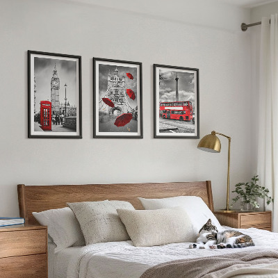 Set of 3 framed wall art pieces Red umbrella booth and London bus
