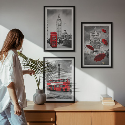 Set of 3 framed wall art pieces Red umbrella booth and London bus