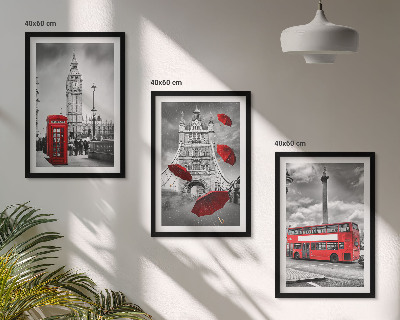 Set of 3 framed wall art pieces Red umbrella booth and London bus