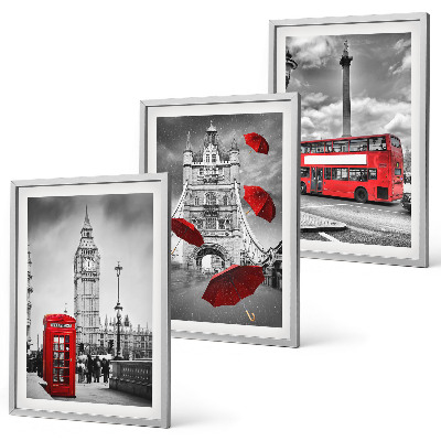 Set of 3 framed wall art pieces Red umbrella booth and London bus