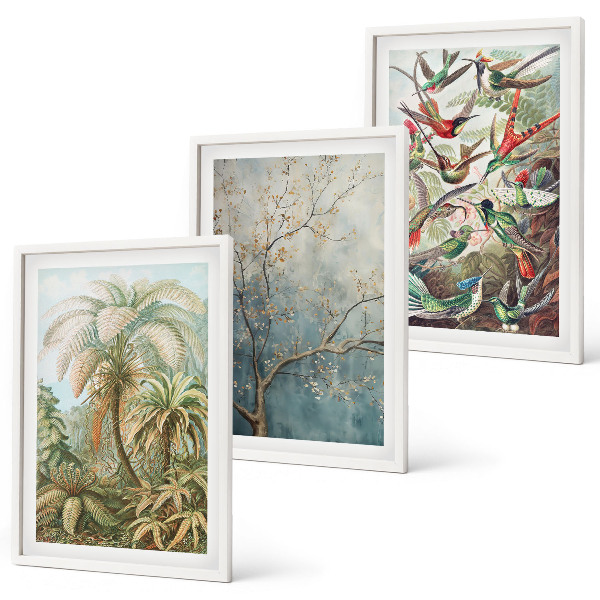 Wall art set Tropical plants birds nature