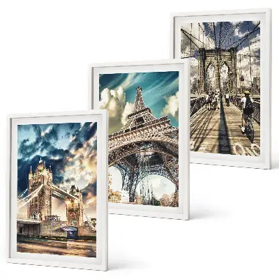 Three-piece wall art set featuring European bridges and towers