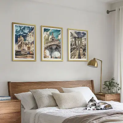 Three-piece wall art set featuring European bridges and towers