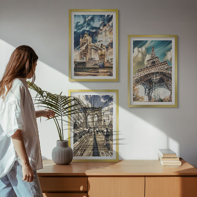 Three-piece wall art piece Bridges, towers, European cities
