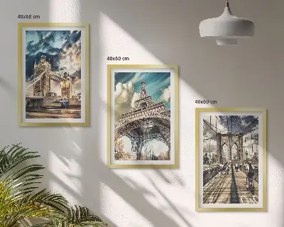 Three-piece wall art set featuring European bridges and towers
