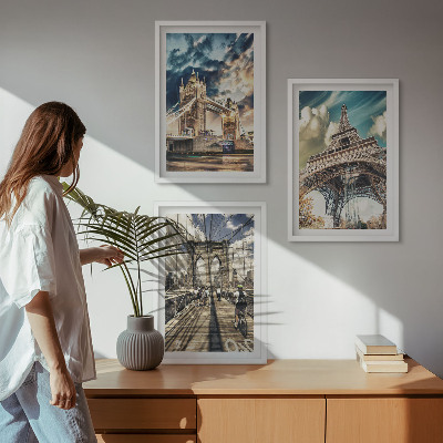 Three-piece wall art piece Bridges, towers, European cities