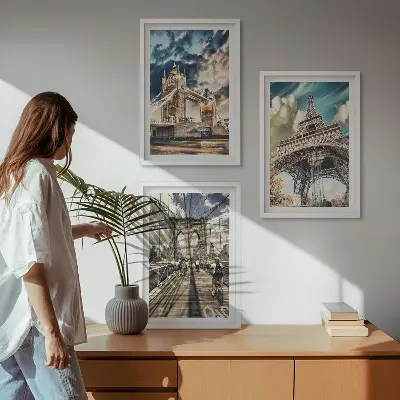 Three-piece wall art set featuring European bridges and towers