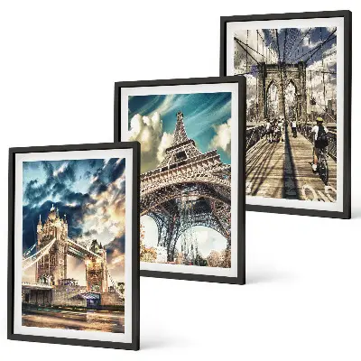 Three-piece wall art set featuring European bridges and towers