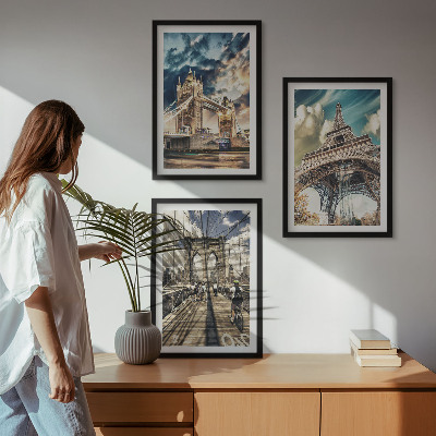 Three-piece wall art piece Bridges, towers, European cities