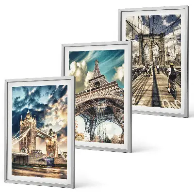 Three-piece wall art set featuring European bridges and towers