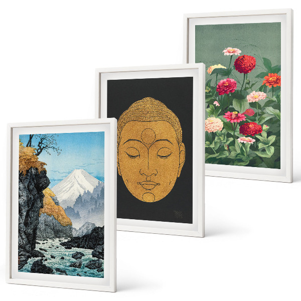 Set of 3 framed wall art pieces Japanese nature japandi culture