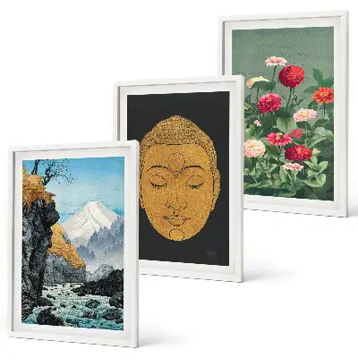 Set of 3 framed Japanese nature wall art pieces japandi style
