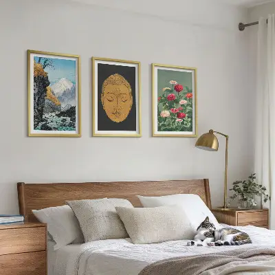 Set of 3 framed Japanese nature wall art pieces japandi style