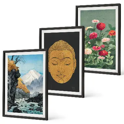 Set of 3 framed Japanese nature wall art pieces japandi style