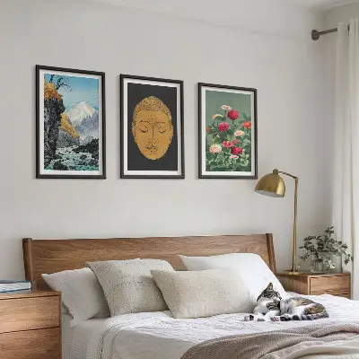 Set of 3 framed Japanese nature wall art pieces japandi style