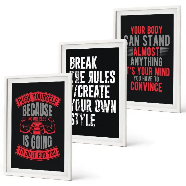 Set of 3 framed motivational wall art pieces featuring themes of training and self-development